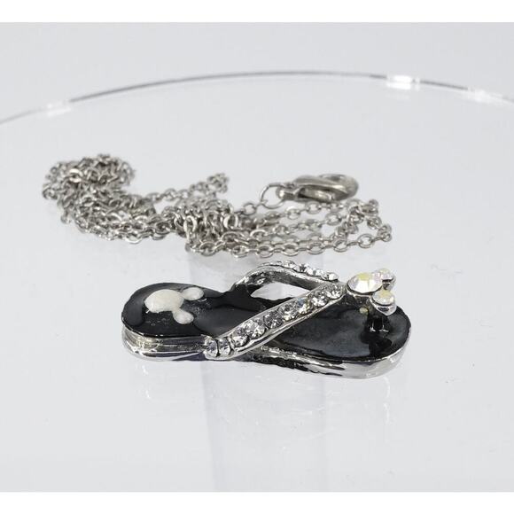 VTG Disney Mickey Mouse Flip Flop Pendant Necklace Black Rhinestone AB Girls - Picture 11 of 16